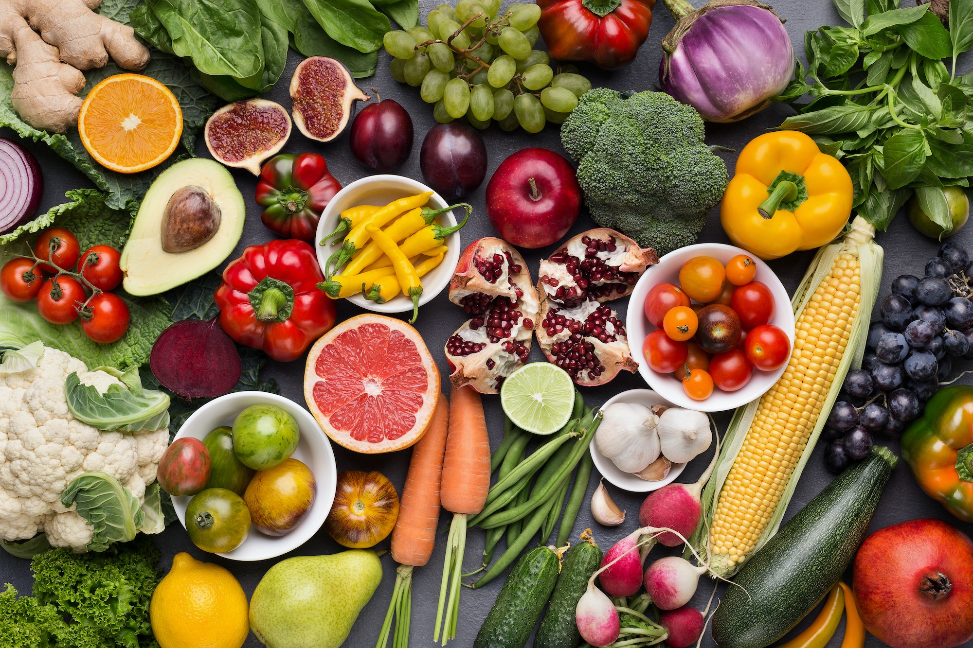 Assorted fresh ripe fruits and vegetables background