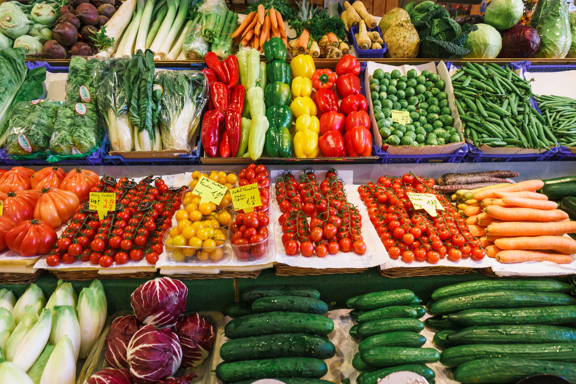 Fruit and vegetable market. Lots of different fresh fruits and vegetables.
